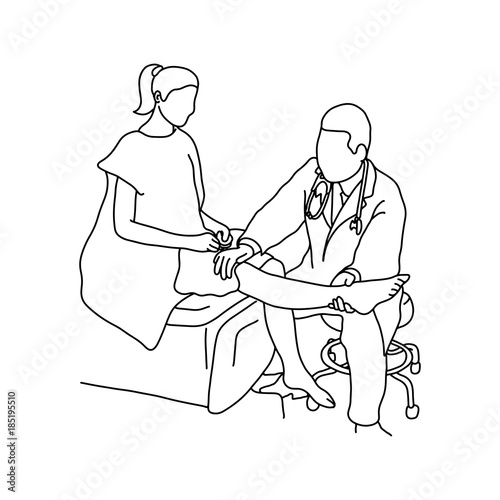Doctor examining right knee joint of female patient with hand vector illustration outline sketch hand drawn with black lines isolated on white background