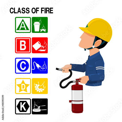 Set of Fire class icon and the industrial worker on transparent background