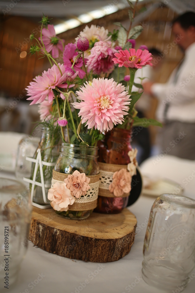 Wedding Photography: Pink, White, and Green Wedding Floral Arangement  Centerpiece Rustic Wood Burlap Lace Stock Photo | Adobe Stock
