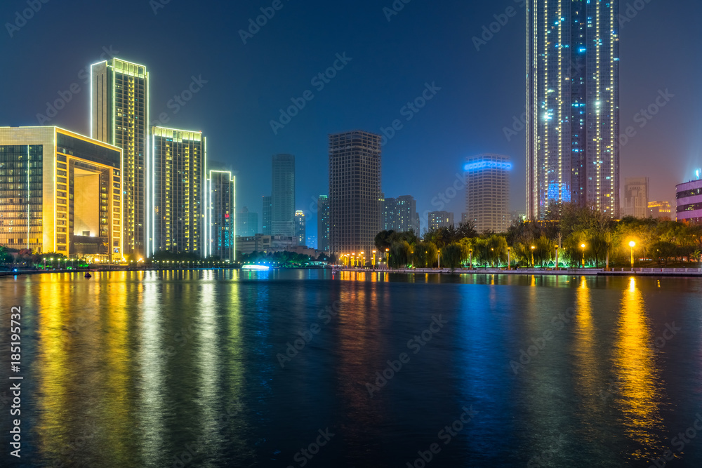 urban skyline and modern buildings at night, cityscape of China