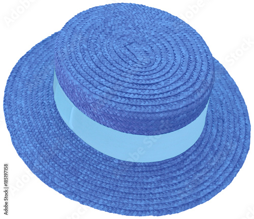 chapeau de paille bleu bandeau couleur , canotier Maurice Chevalier, fond blanc photo