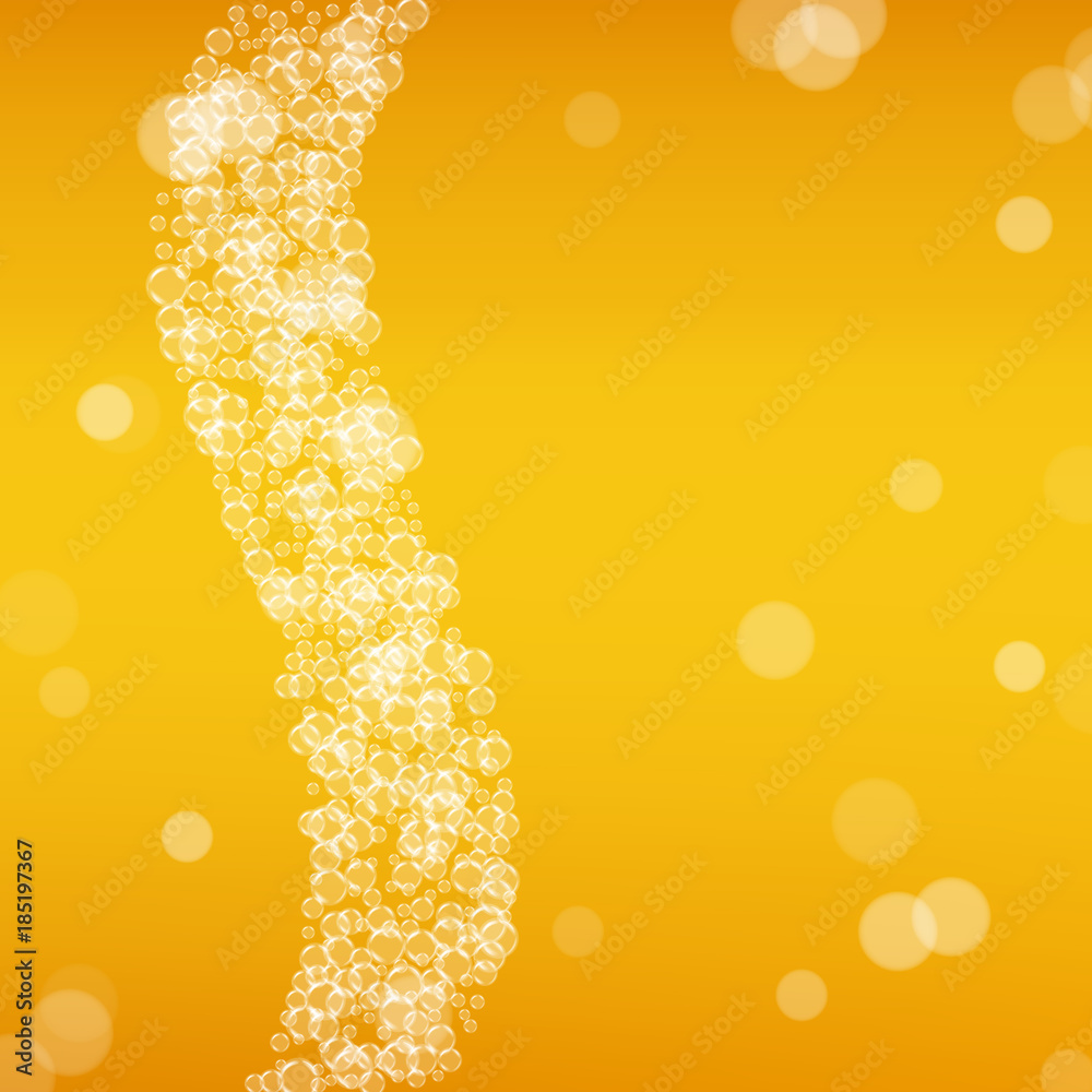 Beer background with realistic bubbles. Cool beverage for restaurant menu design, banners and flyers. Yellow square beer background with white frothy foam. Cold glass of ale for brewery design.