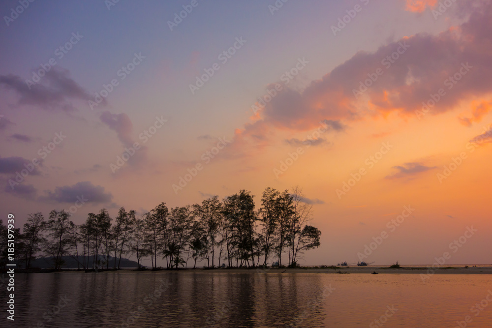 Silhouette of pines on the beach with twilight sky, Khlong Chao Beach, Ko Kut island, Thailand Silhouette of pines on the beach with twilight sky, Khlong Chao Beach, Ko Kut island, Thailand