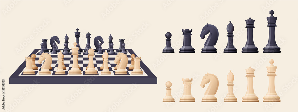 Εκτύπωση καμβά Black and white chess game pieces, figures on chess board.