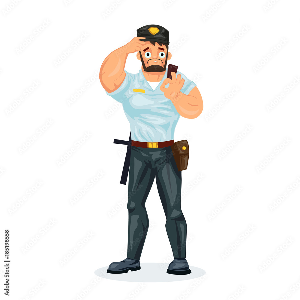 Policeman, with equipment: baton, pistol, handcuffs, walkie-talkie, showing sign ok. Policeman, with equipment: baton, pistol, handcuffs, walkie-talkie, showing sign ok.