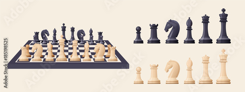 Black and white chess game pieces, figures on chess board.