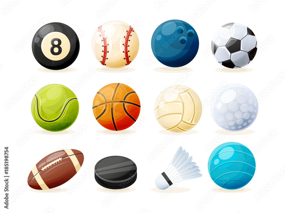 Set of modern sports equipment: balls, shuttlecock, washer.