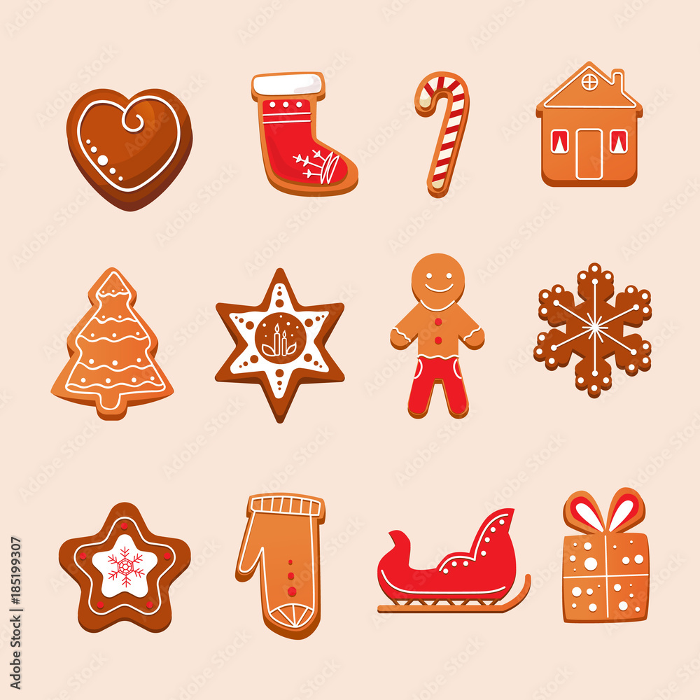 Set of Christmas gingerbread with glaze. New Year, sweet pastries. Set of Christmas gingerbread with glaze. New Year, sweet pastries.
