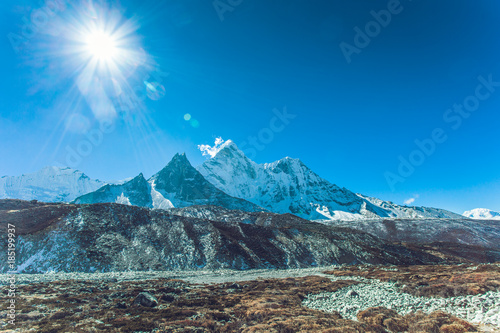 Snow mountain peaks on Ama Dablam. Panoramic view of Himalaya mountain. Way to Everest base camp, Khumbu valley, Sagarmatha national park.