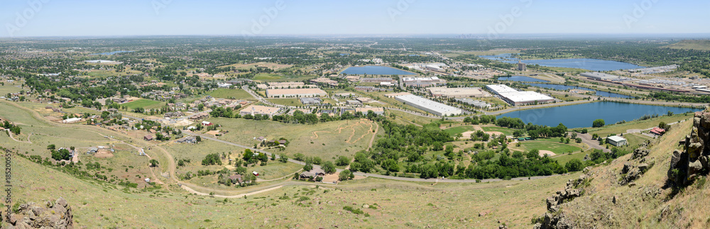 Denver West - Panoramic View of a Summer day in Denver (West side, Arvada and Golden area), from the top of north Table Mountain looking east towards Denver Downtown, Colorado, USA.