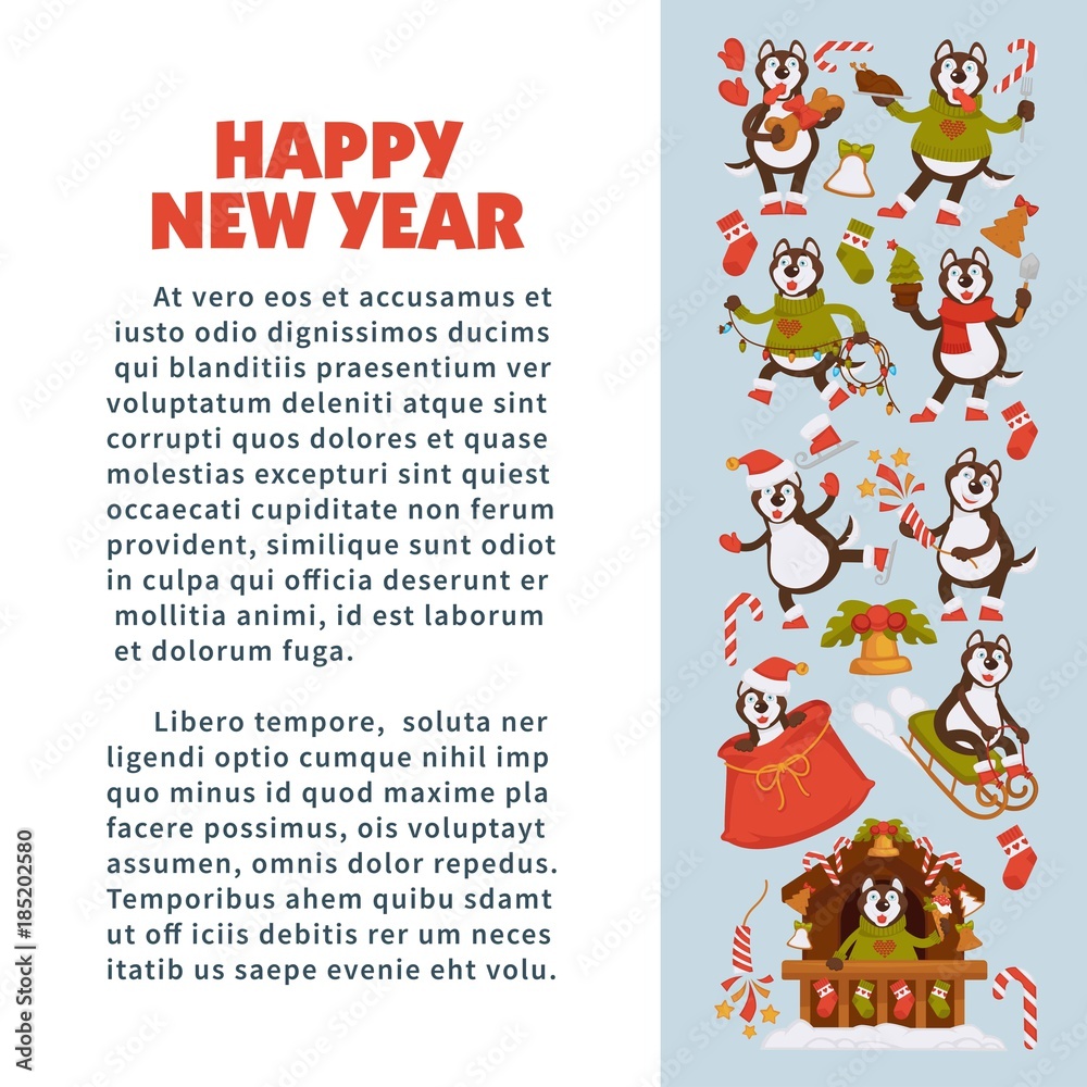 Happy New Year 2018 poster with Husky dog in festive warm clothes, in wooden house with Christmas decorations and winter