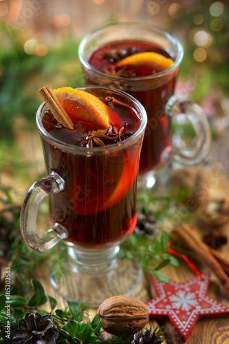 mulled wine on wooden background