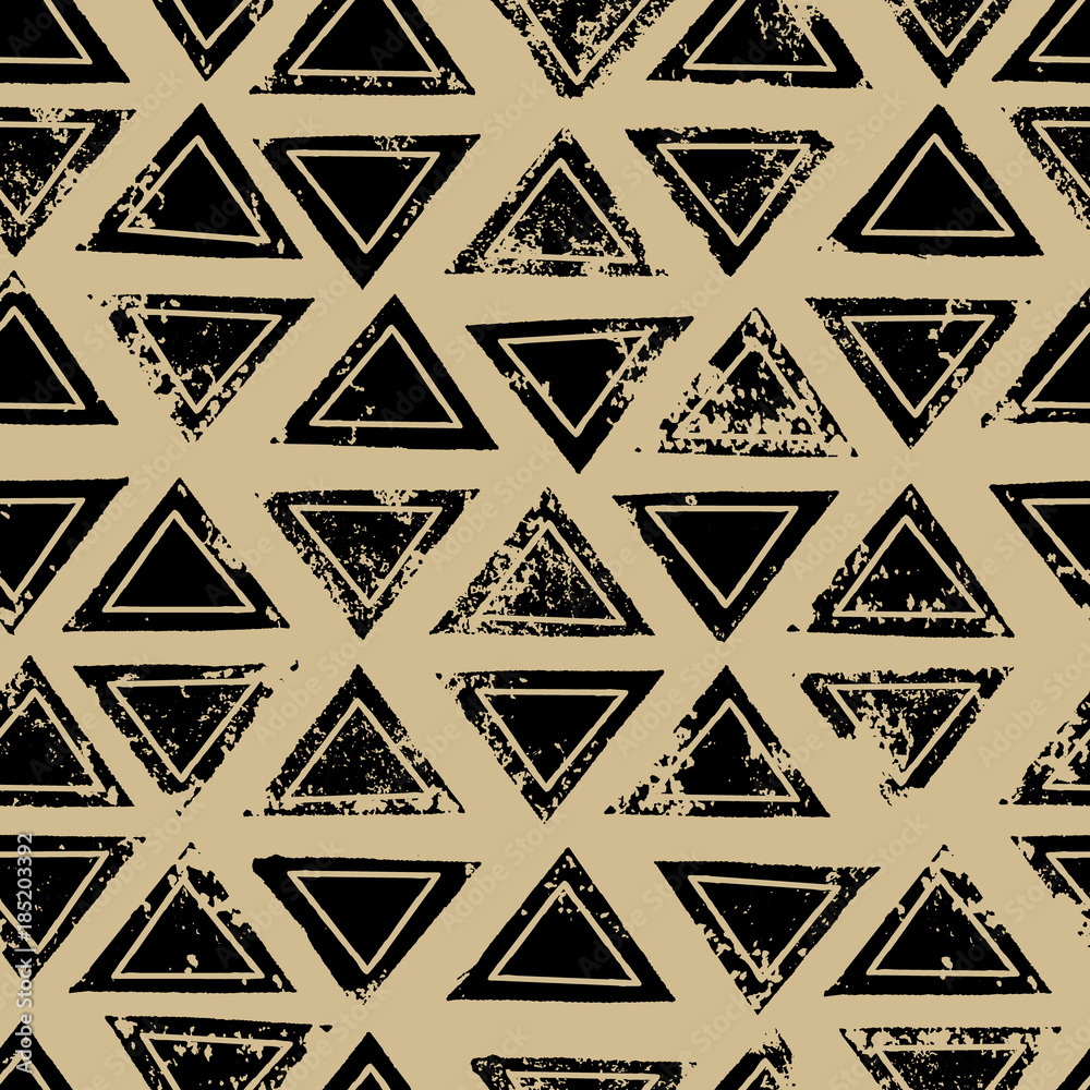 Black and beige triangles aged geometric ethnic grunge seamless pattern, vector