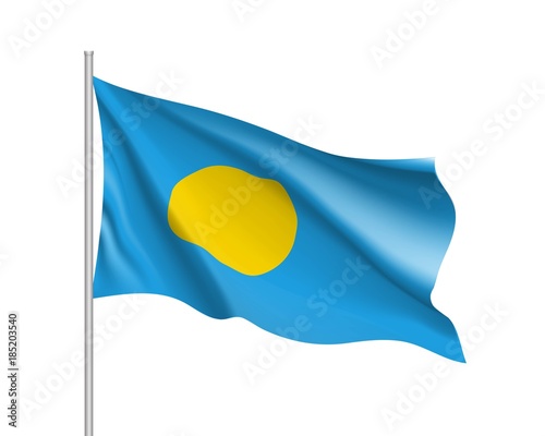 Waving flag of Republic Palau. Illustration of Oceania country flag on flagpole. Vector 3d icon isolated on white background