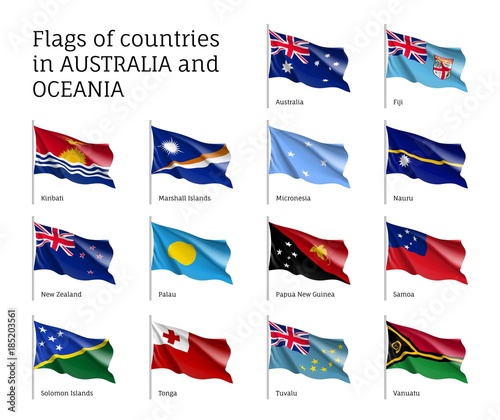 Flags countries Australia and Oceania realistic style set. Collection of national symbols. Vector illustrations of tribes, aborigines, peoples, pacific ocean concept photo