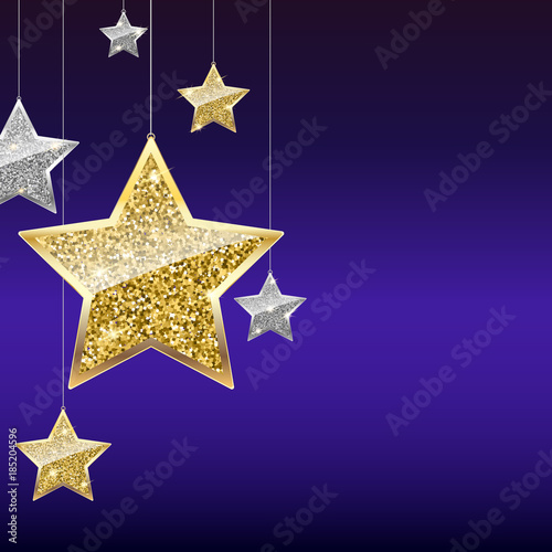 Glitter background with silver and gold hanging stars. Template for Merry Christmas or Happy New Year greeting card. 3D illustration