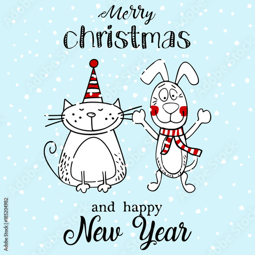 Greeting card merry christmas or new year illustration card with funny dog and cat.