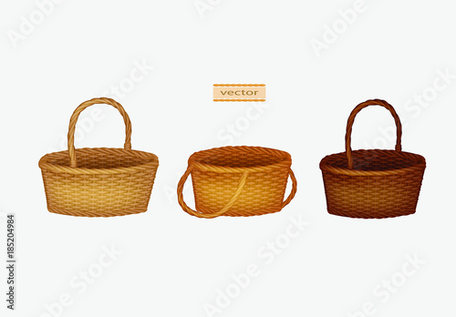 The picnic basket. Illustration of an empty basket bamboo. Vector illustration of a straw wicker basket. Isolated on white background. Empty decorative wicker basket with handle