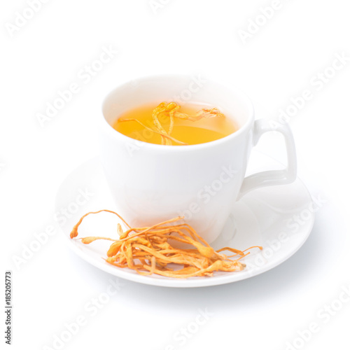 Dried Cordyceps Militaris Mushroom With Cup Isolated On White Background