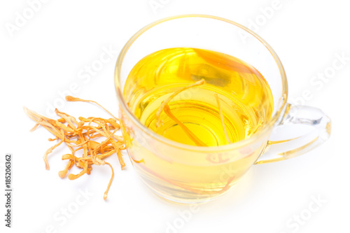 Dried Cordyceps Militaris Mushroom With Cup Isolated On White Background