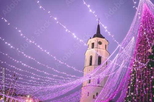Night view of decorated and illuminated Christmas Tree on the Cathedral Square, Vilnius, Lithuania.