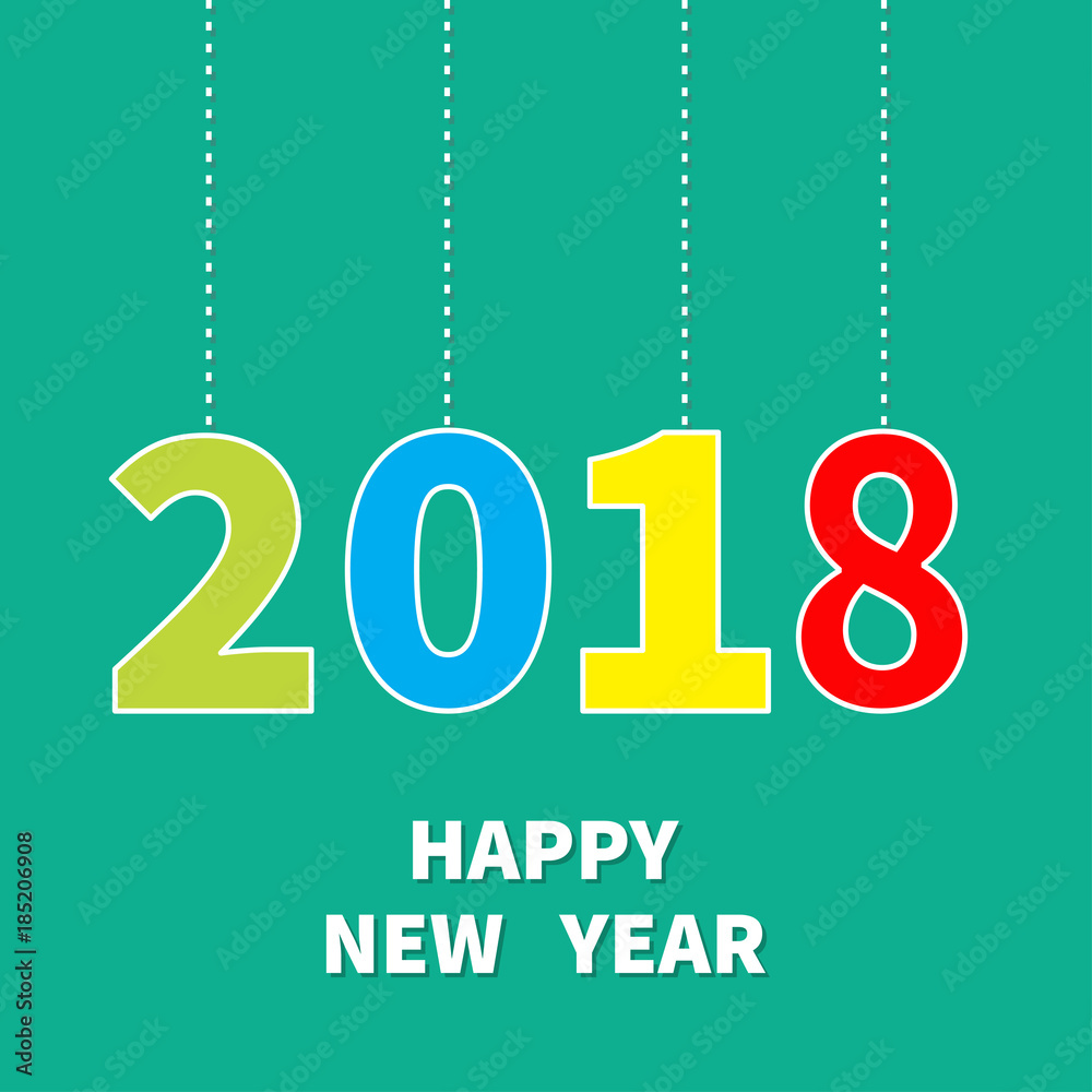 2018 Happy New Year. Hanging text on dash line. Greeting card, calendar, presentation, flyer, leaflet, postcard, poster template. Paper effect. Flat design. Green background. 2018 Happy New Year. Hanging text on dash line. Greeting card, calendar, presentation, flyer, leaflet, postcard, poster template. Paper effect. Flat design. Green background.