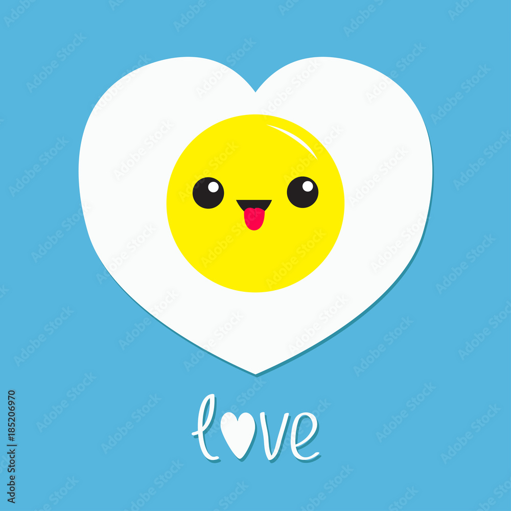 Fried egg heart icon. Cute cartoon character. Funny emoji with tongue and eyes. Breakfast food collection. Smiling yolk face head. Love card. Flat design. Blue background.