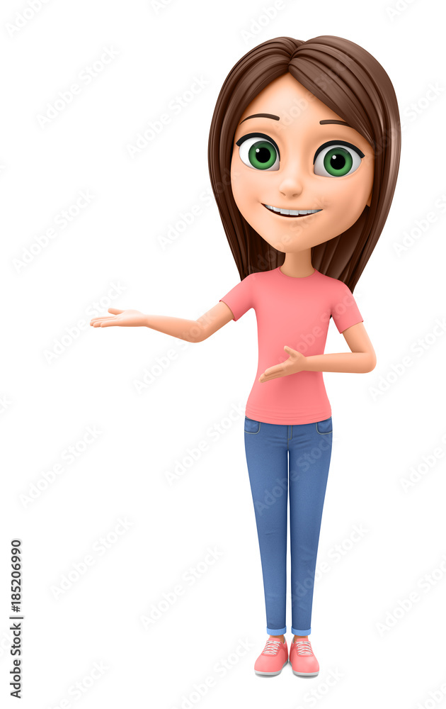 Cheerful little girl in jeans hands points to an empty space. 3d render illustration. Cheerful little girl in jeans hands points to an empty space. 3d render illustration.