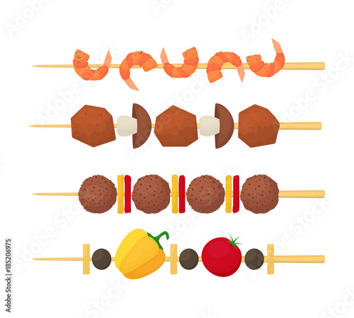 Cartoon Color Kebab on Wooden Skewers Set. Vector