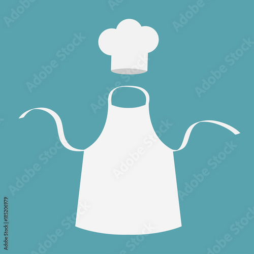 White blank kitchen cotton apron. Chef hat. Uniform for cook or baker. Cooking icon set. Menu card template. Flat design. Blue background. Isolated.
