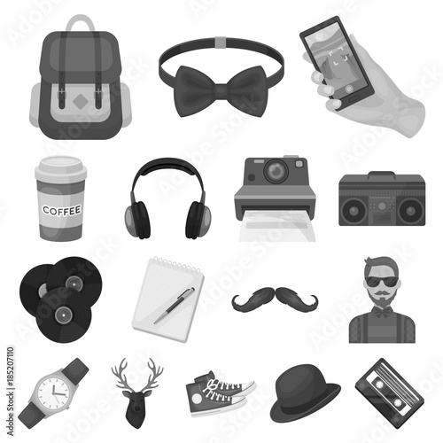 Style Hipster monochrome icons in set collection for design. Hipster Attributes and accessories vector symbol stock web illustration.