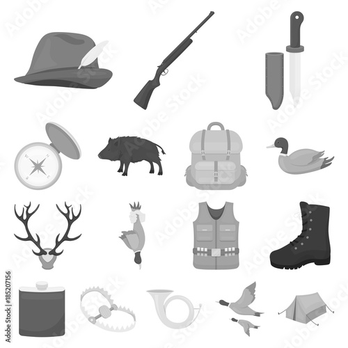 Hunting and trophy monochrome icons in set collection for design. Hunting and equipment vector symbol stock web illustration.