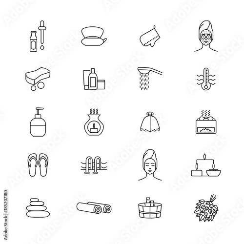 Sauna Signs Black Thin Line Icon Set. Vector