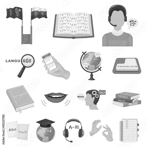 Translator and linguist monochrome icons in set collection for design. Interpreter vector symbol stock web illustration.
