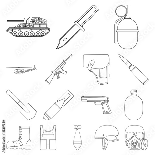 Army and armament outline icons in set collection for design. Weapons and equipment vector symbol stock web illustration.