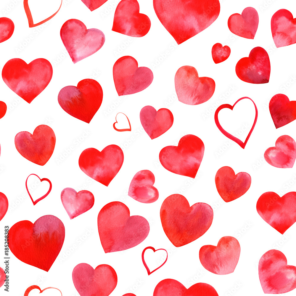 Seamless pattern of watercolor red hearts on white, Valentine print