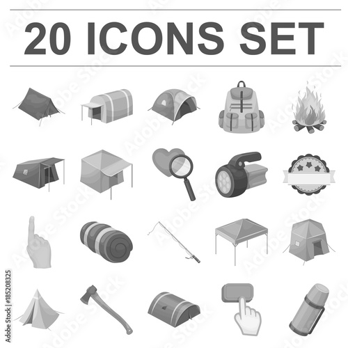 Different kinds of tents monochrome icons in set collection for design. Temporary shelter and housing vector symbol stock web illustration.