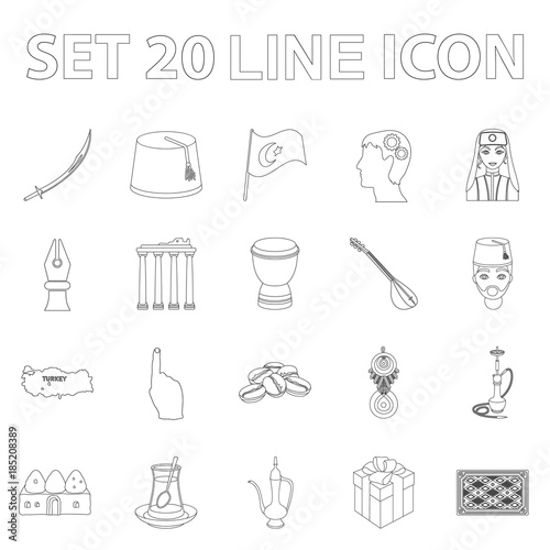 Turkey country outline icons in set collection for design.Travel and attractions vector symbol stock web illustration.