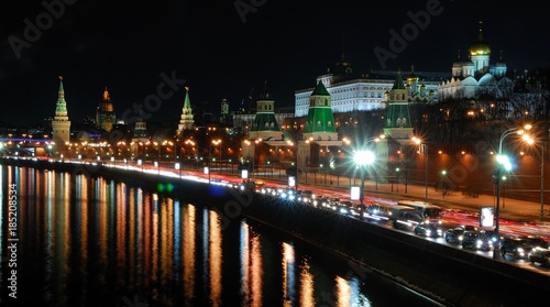 View of Moscow Kremlin river at night. Moscow  Russia  See Moscow river  Moscow Kremlin wall  Kremlin Palaces  Orthodox Christian Churches  Bell tower of Ivan Great