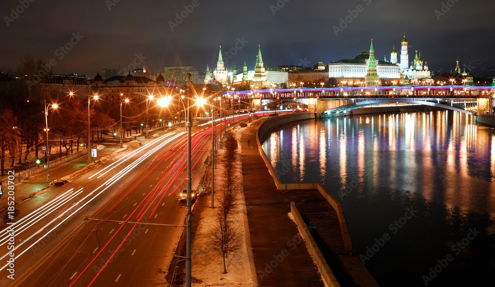 View of Moscow Kremlin river at night. Moscow, Russia/ See Moscow river, Moscow Kremlin wall, Kremlin Palaces, Orthodox Christian Churches, Bell tower of Ivan Great