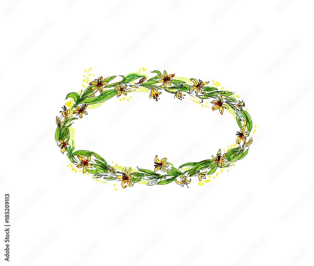 Fototapeta premium Akwarela liść i kwiaty okrągłe ramki. Ilustracja Lily kwiat ręcznie rysowane naturalny wieniec na zaproszenia, zapisać datę, projekt karty ślubu