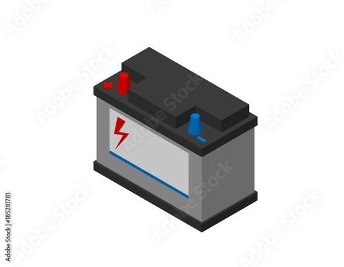 Car accumulator battery. Isolated on white background. 3d Vector illustration. Isometric projection.