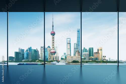 Photography Shanghai skyline and Huangpu river in a sunny day