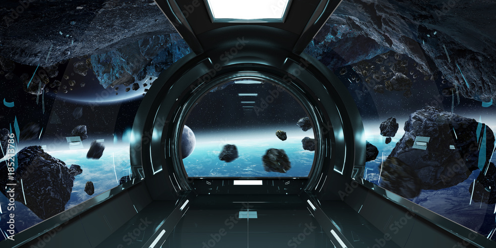 Fototapeta premium Wnętrze statku kosmicznego z widokiem na planety Elementy renderowania 3D tego obrazu dostarczone przez NASA