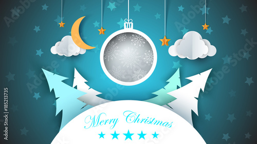 Winter cartoon paper landscape. Fir, moon, cloud, star, snow. Merry christmas. Happy new year.