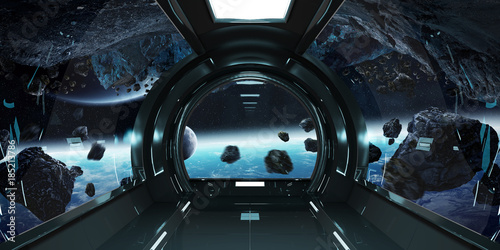 Fototapeta Naklejka Na Ścianę i Meble -  Spaceship interior with view on planets 3D rendering elements of this image furnished by NASA
