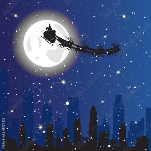 Santa Driving Sledge In Sky Flying Over Night City Background Christmas Holiday Concept Flat Vector Illustration