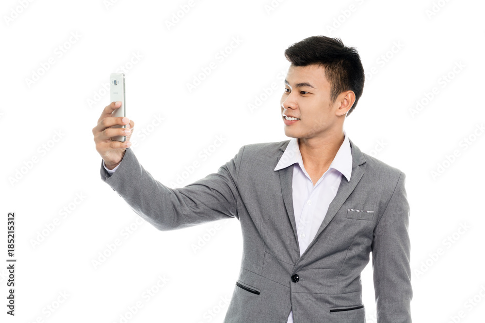Portrait of a business man with smart phone. Isolated on white background Portrait of a business man with smart phone. Isolated on white background