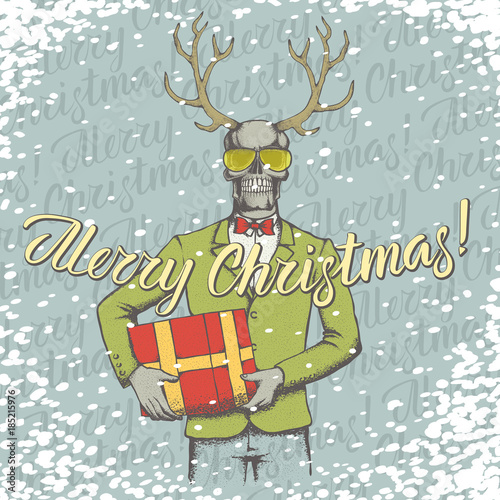 Vector Christmas skull with gift illustration
