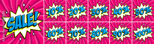 Big orange color sale set. Sale inscription and all percent numbers. orange and red colors. Pop-art comics style web banners, flash animation, stickers, tags.